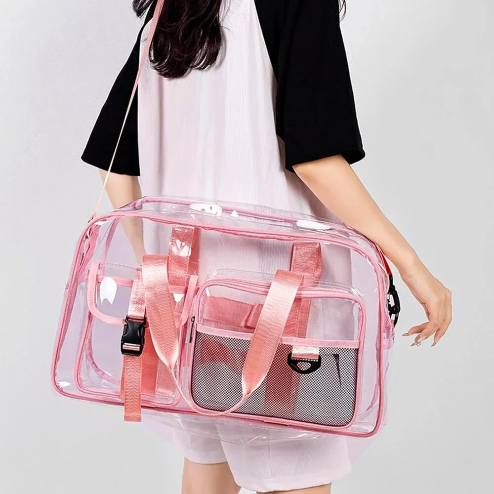 Women Clear-Pink Small Gym Carry On Weekender Travel Duffle Shoe Compartment Bag - Picture 4 of 5